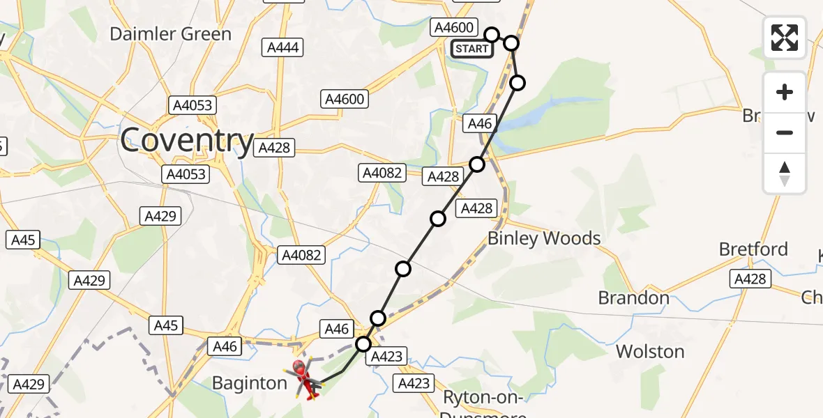 Flight route Air Ambulance Helicopter University Hospital Coventry - Coventry Airport, 18 October 2026, 17:58