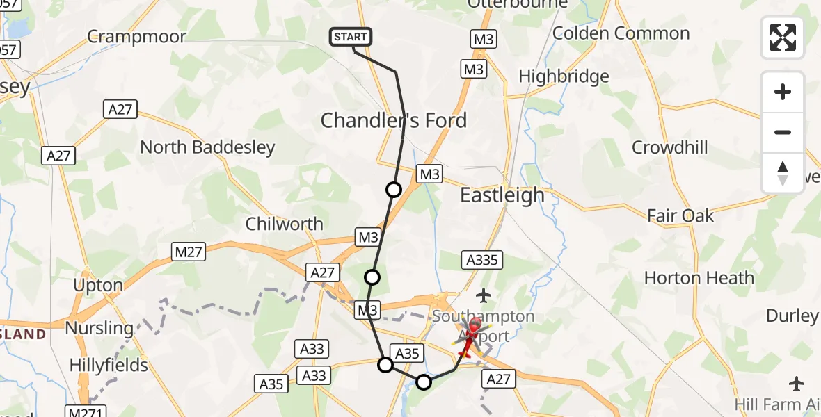 Flight route Air Ambulance Helicopter Chandler's Ford - Southampton Airport, 18 October 2026, 18:11