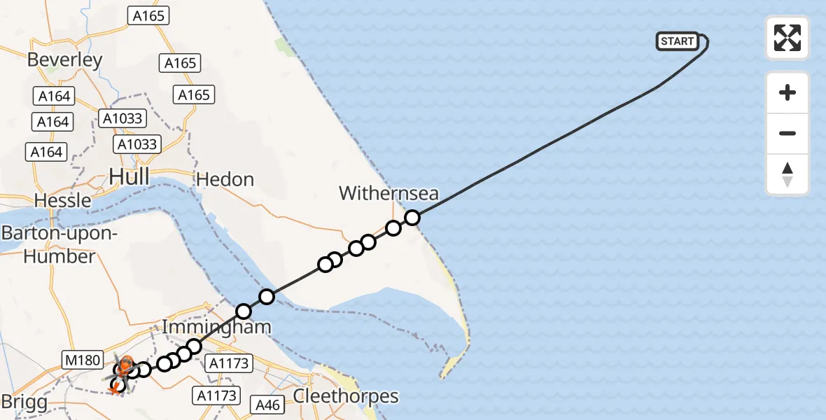 Flight route Coastguard Helicopter North Sea - Humberside Airport, 18 October 2026, 18:20