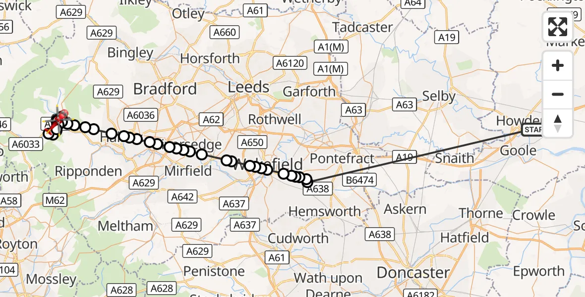 Flight route Air Ambulance Helicopter Balkholme - Mytholm, 18 October 2026, 18:21