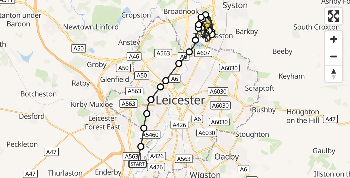 Flight route Police Helicopter Blaby - Thurmaston, 18 October 2026, 18:22