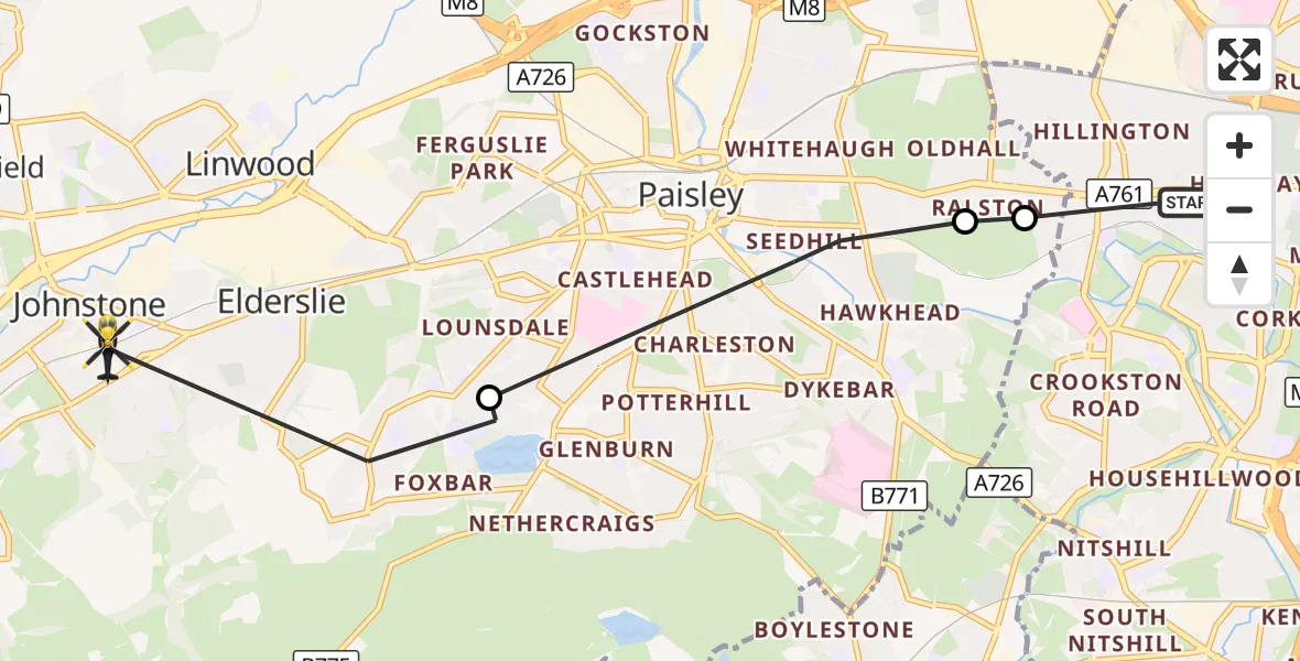 Flight route Police Helicopter Glasgow - Johnstone, 18 October 2026, 18:32