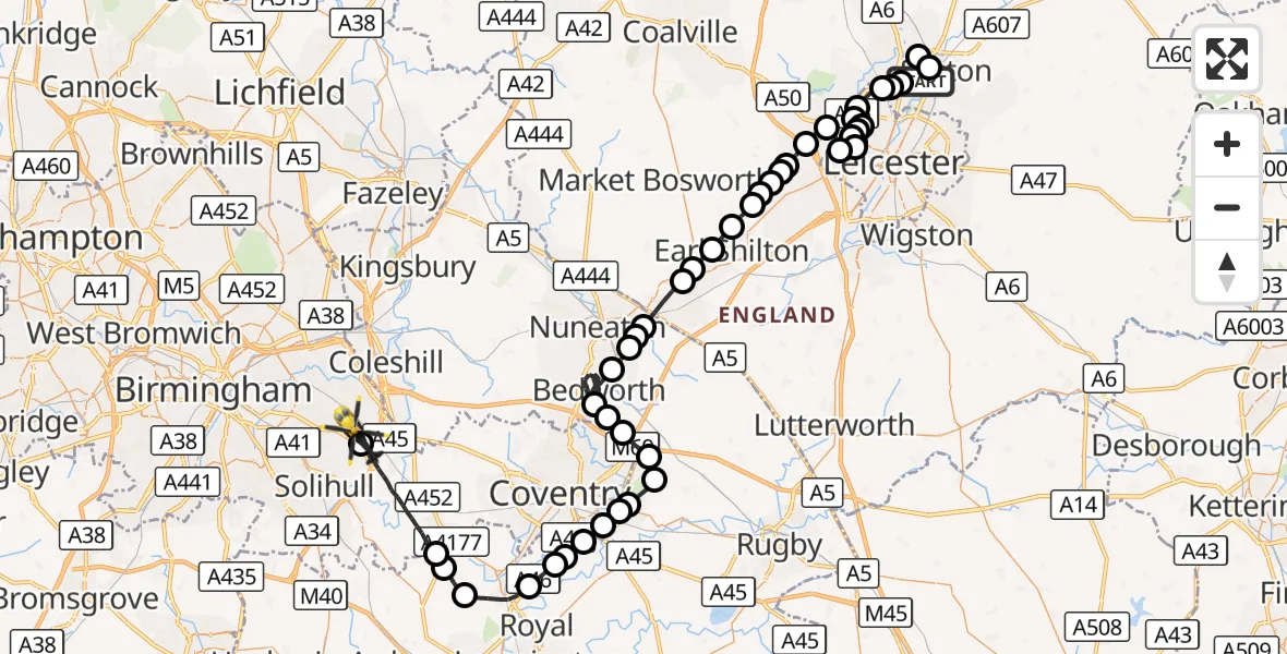Flight route Police Helicopter Wanlip - Birmingham Airport, 18 October 2026, 18:37
