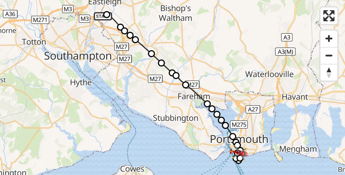 Flight route Air Ambulance Helicopter Southampton Airport - Southsea, 18 October 2026, 18:52