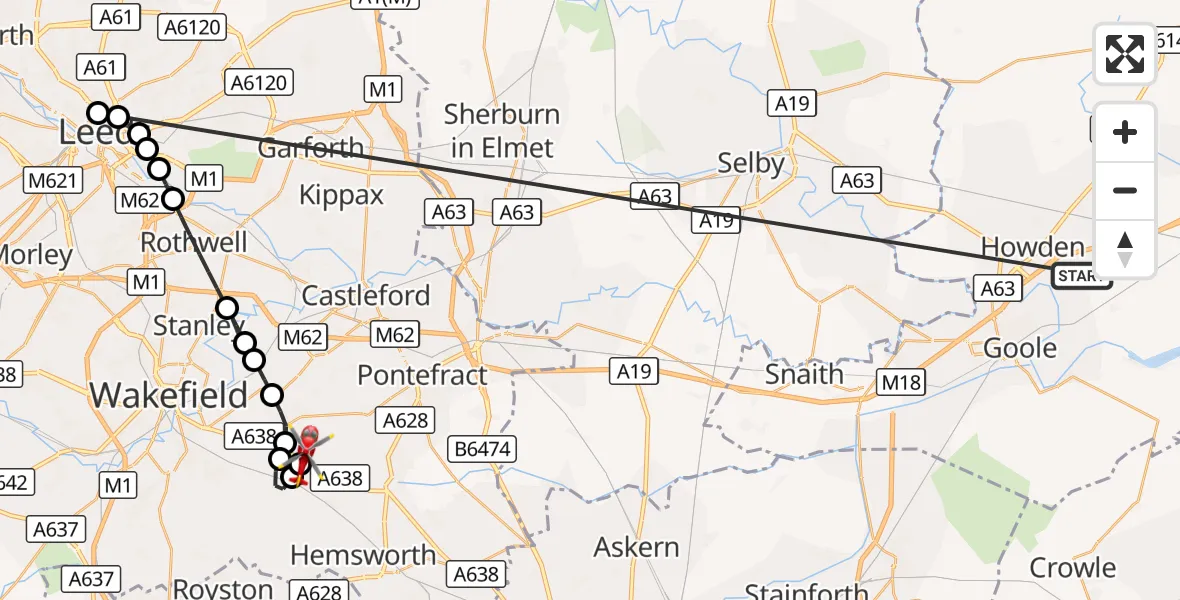 Flight route Air Ambulance Helicopter Balkholme - YAA Nostell Helicopter Port, 18 October 2026, 19:05