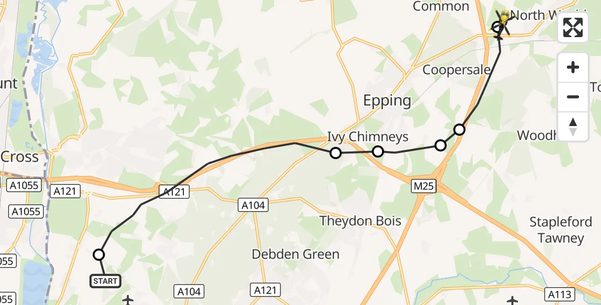 Flight route Police Helicopter Sewardstonebury - North Weald Airfield, 18 October 2026, 19:25