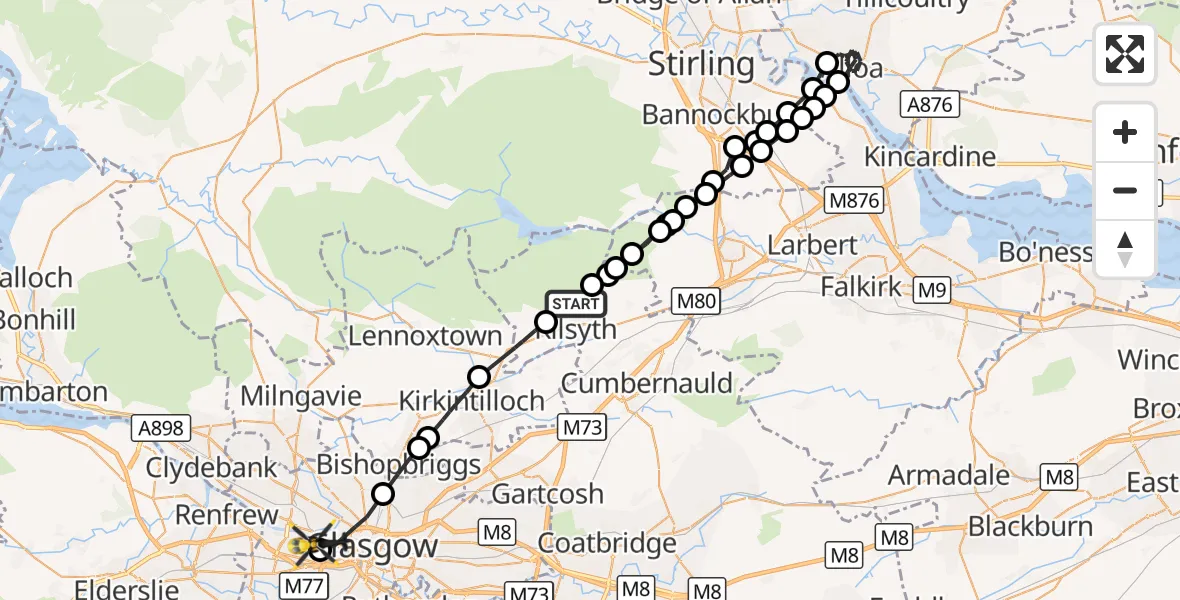 Flight route Police Helicopter Kilsyth - Glasgow City Heliport, 18 October 2026, 19:38