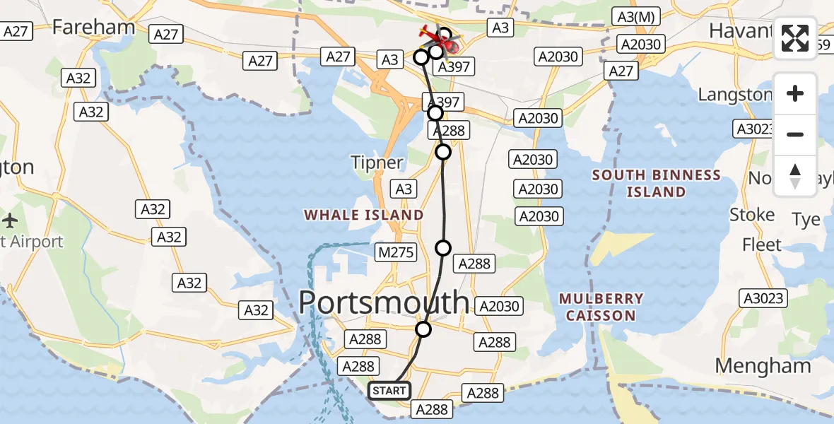 Flight route Air Ambulance Helicopter Southsea - Wymering, 18 October 2026, 19:48