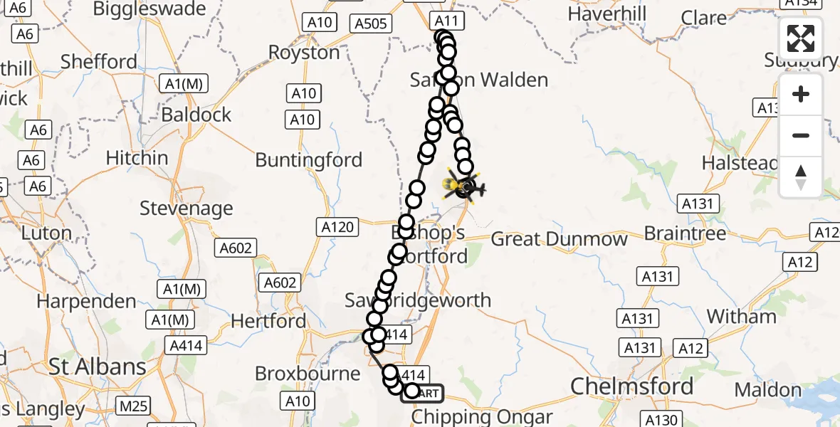 Flight route Police Helicopter North Weald Airfield - Elsenham, 18 October 2026, 20:02
