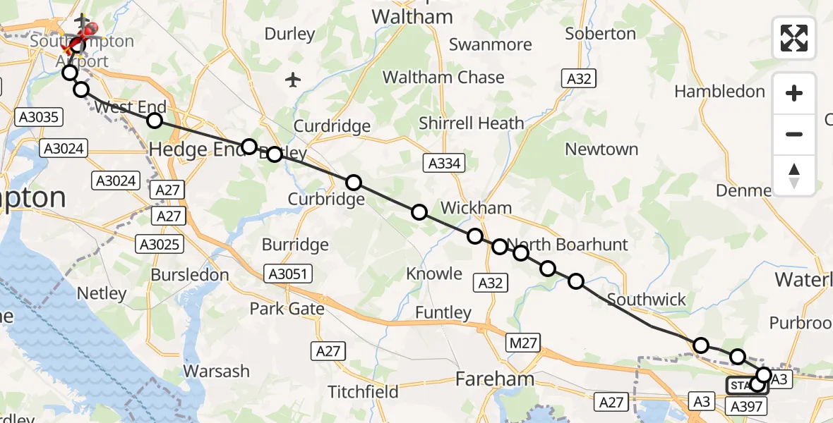 Flight route Air Ambulance Helicopter Queen Alexandra Hospital - Southampton Airport, 18 October 2026, 20:14
