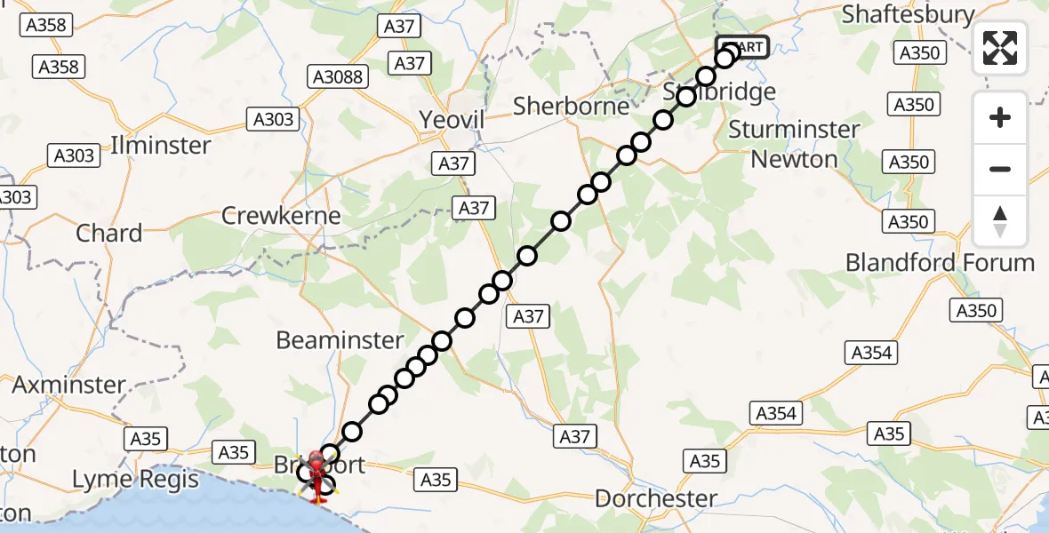 Flight route Air Ambulance Helicopter Henstridge Airfield - Eype, 18 October 2026, 20:16