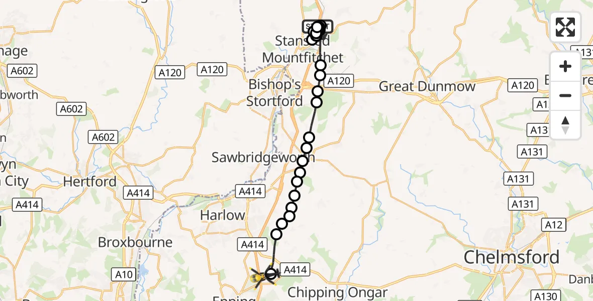 Flight route Police Helicopter Ugley Green - North Weald Airfield, 18 October 2026, 20:26