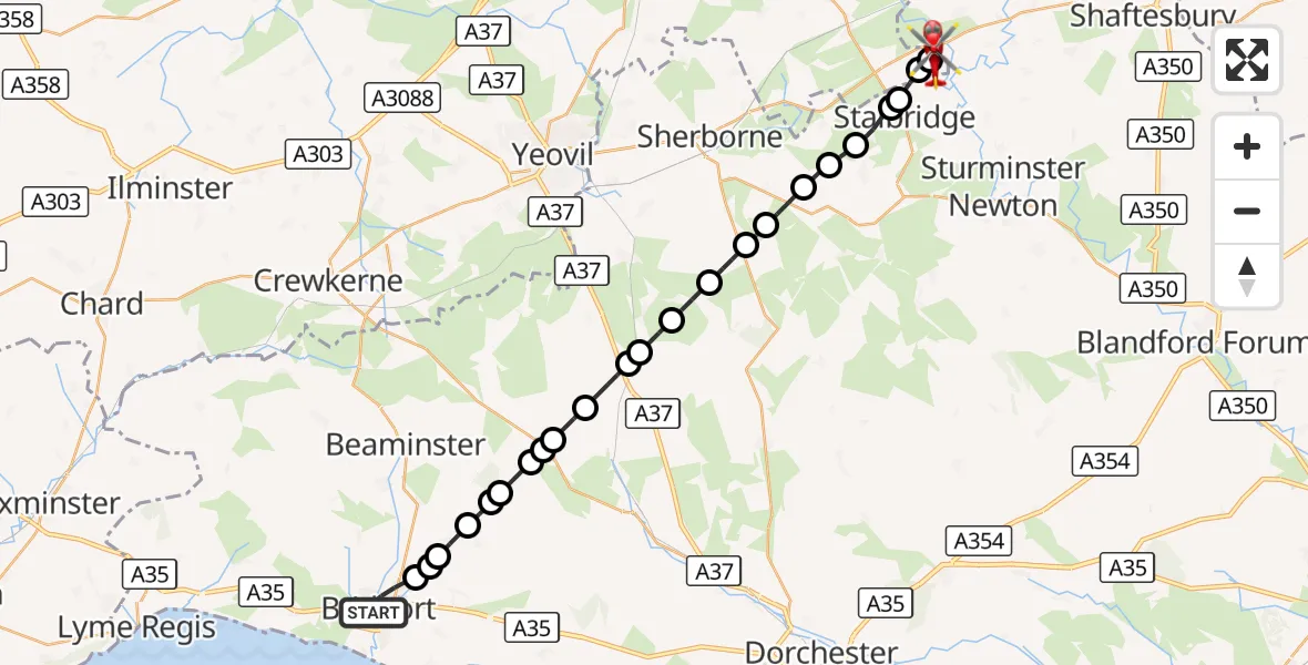 Flight route Air Ambulance Helicopter Bridport - Henstridge Airfield, 18 October 2026, 21:04