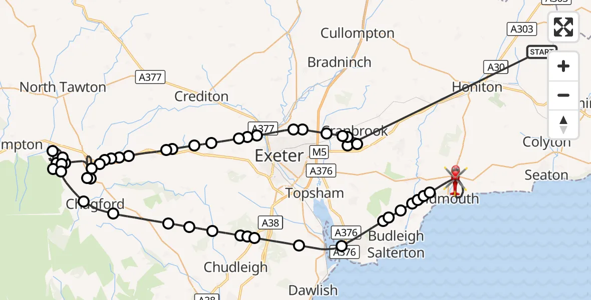 Flight route Air Ambulance Helicopter Stockland - Sidmouth, 18 October 2026, 21:11
