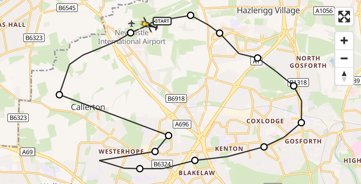 Flight route Police Helicopter Newcastle International Airport - Newcastle International Airport, 18 October 2026, 21:25