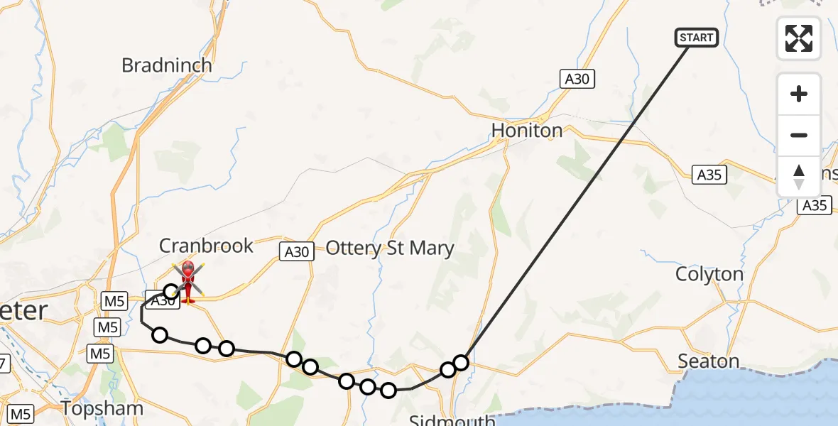 Flight route Air Ambulance Helicopter Stockland - Exeter International Airport, 18 October 2026, 22:31