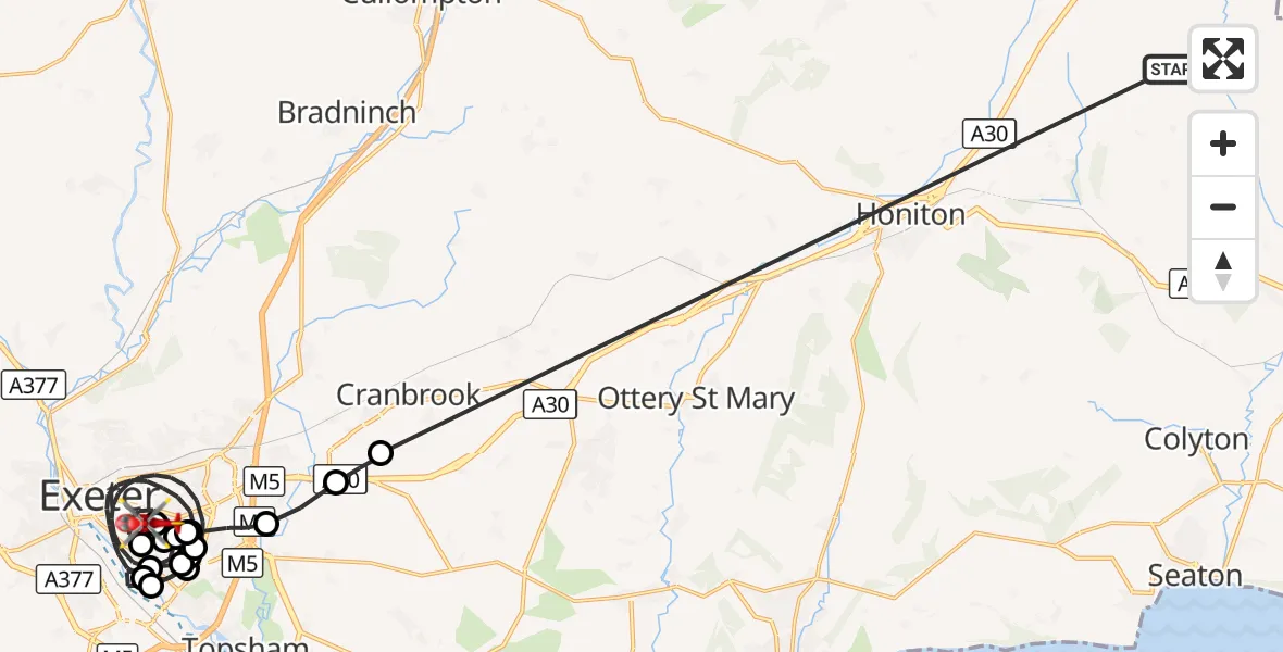 Flight route Air Ambulance Helicopter Stockland - Royal Devon & Exeter Hospital, 18 October 2026, 22:52