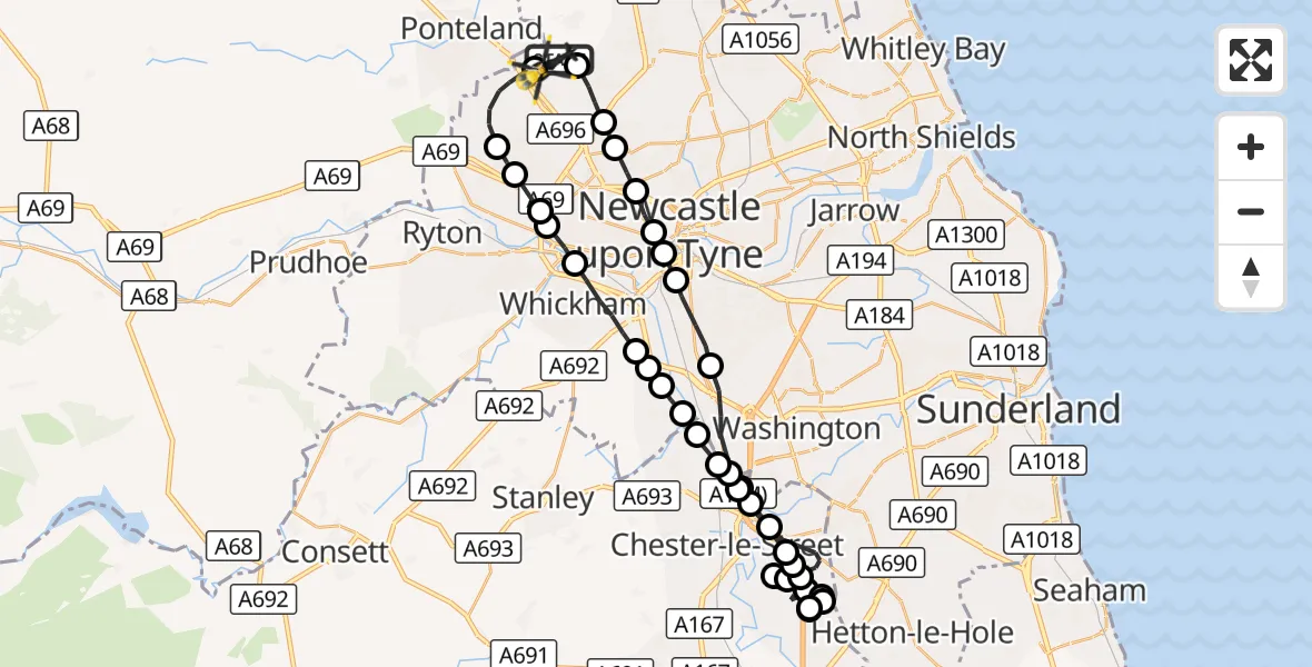 Flight route Police Helicopter Newcastle International Airport - Newcastle International Airport, 18 October 2026, 23:02