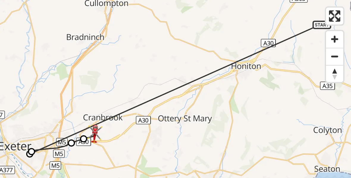 Flight route Air Ambulance Helicopter Stockland - Exeter International Airport, 18 October 2026, 23:24