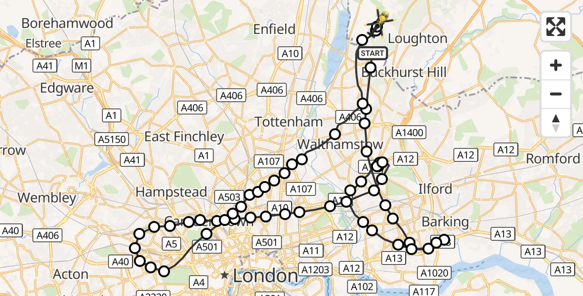 Flight route Police Helicopter Chingford - Metropolitan Police Air Support Unit Lippitts Hill, 18 October 2026, 23:30