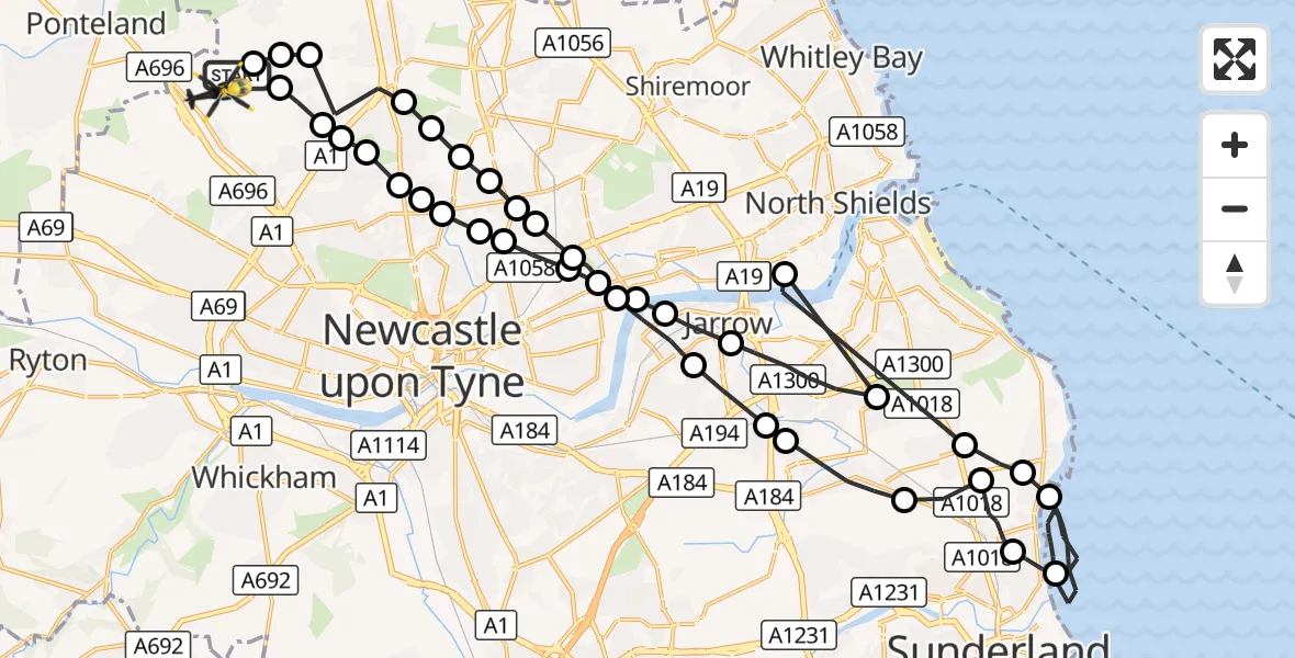 Flight route Police Helicopter Newcastle International Airport - Newcastle International Airport, 19 October 2026, 00:28