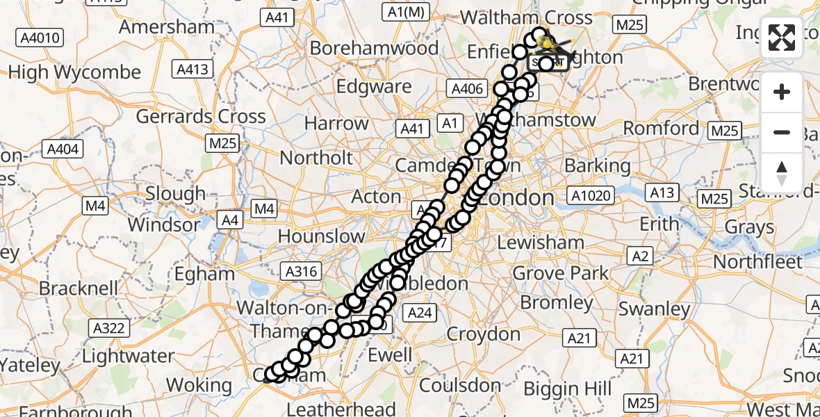 Flight route Police Helicopter Chingford - Metropolitan Police Air Support Unit Lippitts Hill, 19 October 2026, 02:03