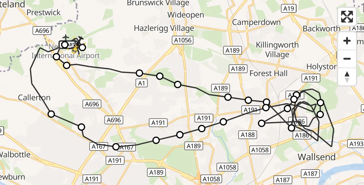 Flight route Police Helicopter Newcastle International Airport - Newcastle International Airport, 19 October 2026, 02:44
