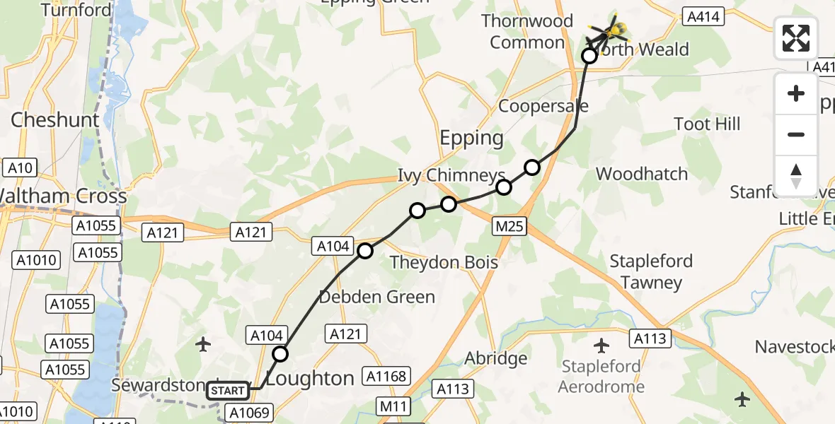Flight route Police Helicopter Sewardstonebury - North Weald Airfield, 19 October 2026, 04:51