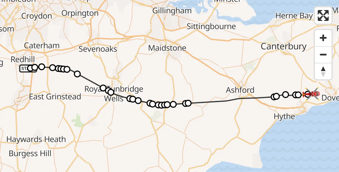 Flight route Air Ambulance Helicopter Redhill Aerodrome - Dover, 19 October 2026, 07:38