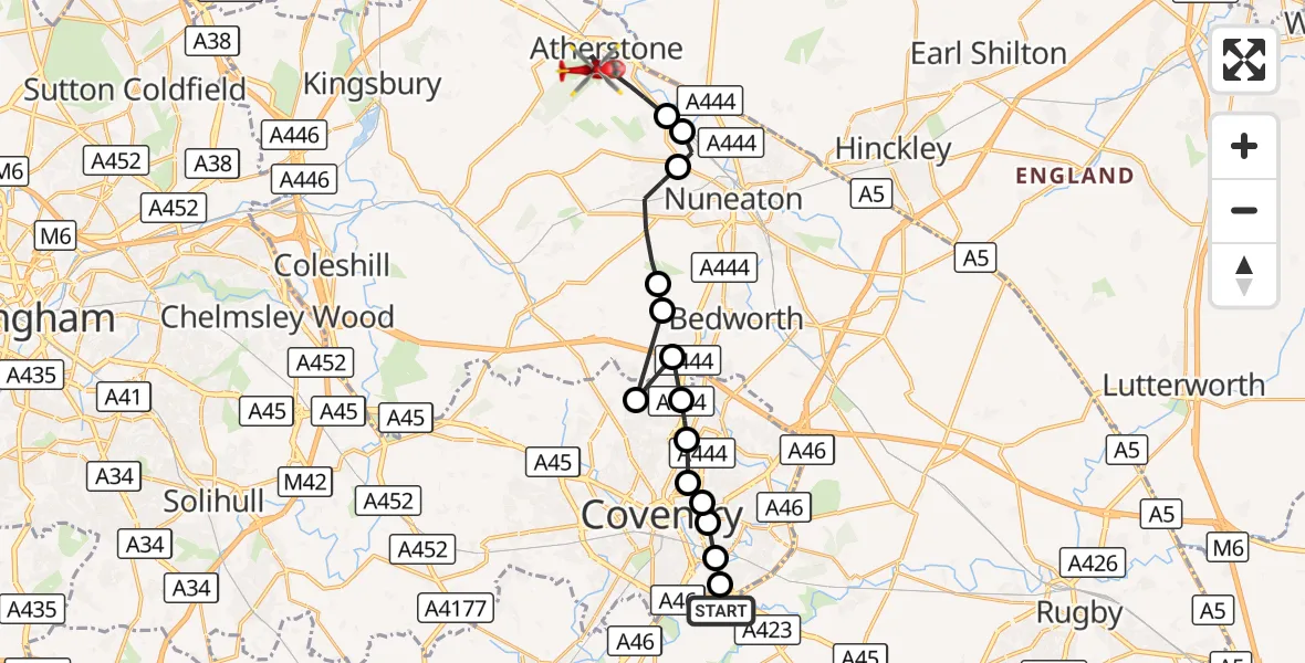Flight route Air Ambulance Helicopter Coventry Airport - Atherstone, 19 October 2026, 07:42