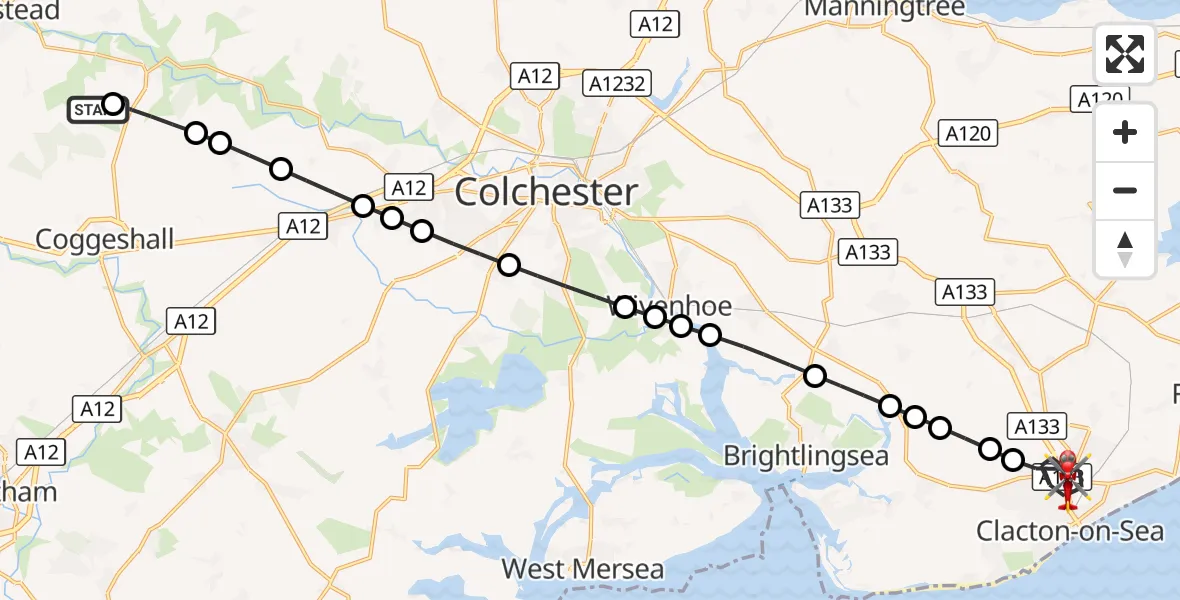 Flight route Air Ambulance Helicopter Earls Colne Airfield - Clacton-on-Sea, 19 October 2026, 07:47