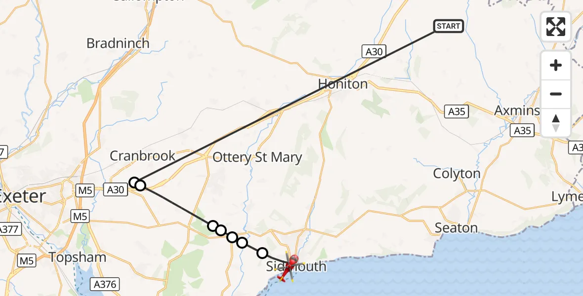 Flight route Air Ambulance Helicopter Stockland - Sidmouth, 19 October 2026, 07:48