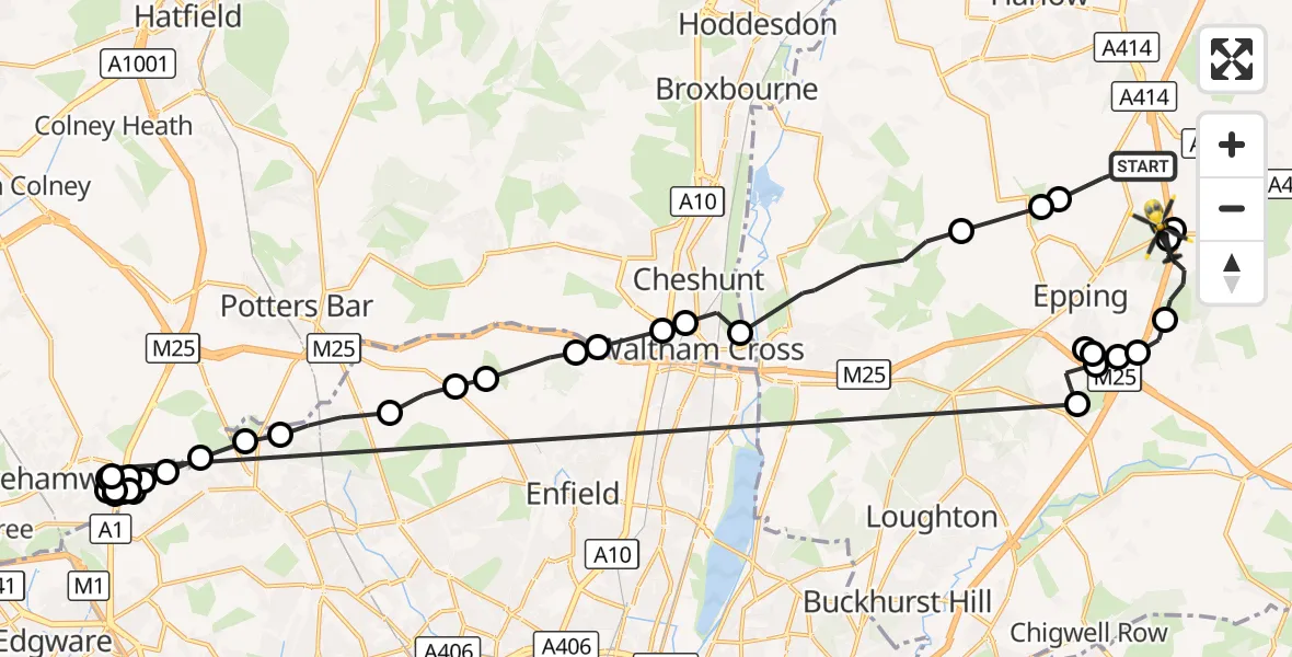 Flight route Police Helicopter North Weald Bassett - Coopersale, 19 October 2026, 07:49