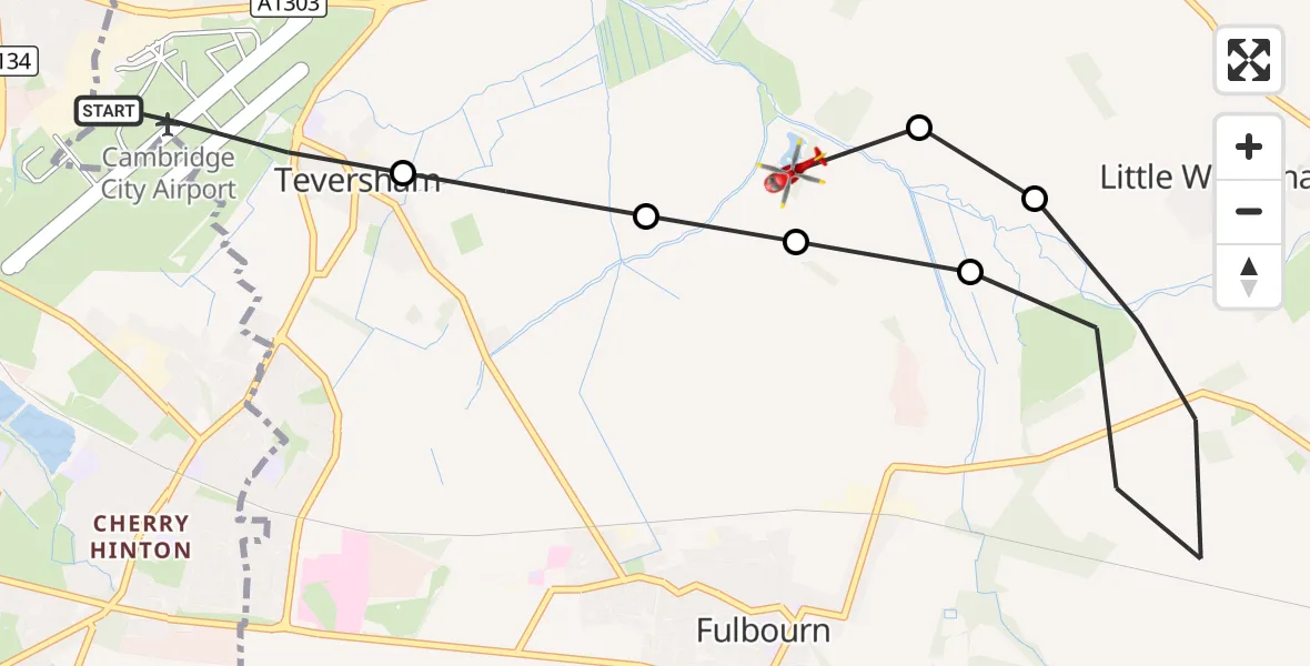 Flight route Air Ambulance Helicopter Cambridge City Airport - Fulbourn, 19 October 2026, 07:59