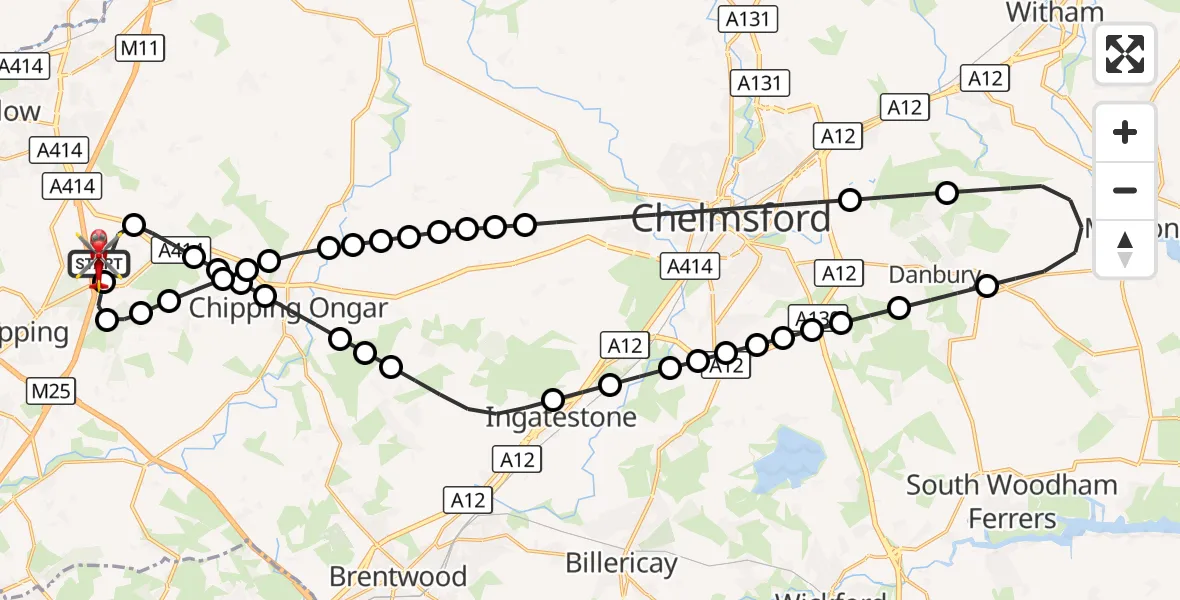 Flight route Air Ambulance Helicopter North Weald Airfield - North Weald Airfield, 19 October 2026, 08:24