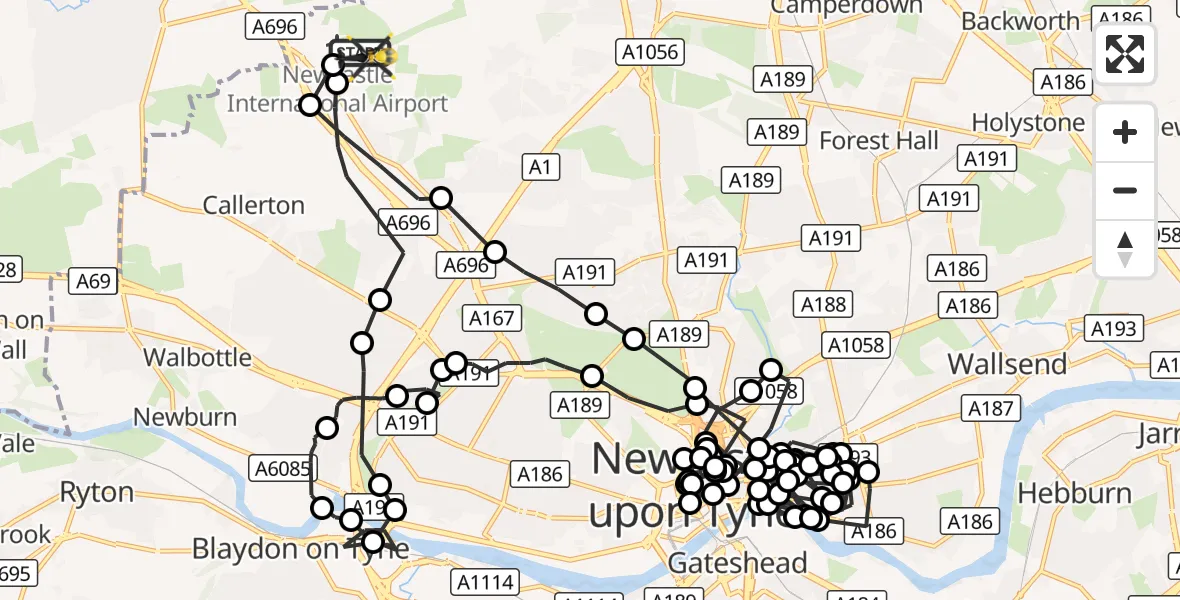 Flight route Police Helicopter Newcastle International Airport - Newcastle International Airport, 19 October 2026, 08:37