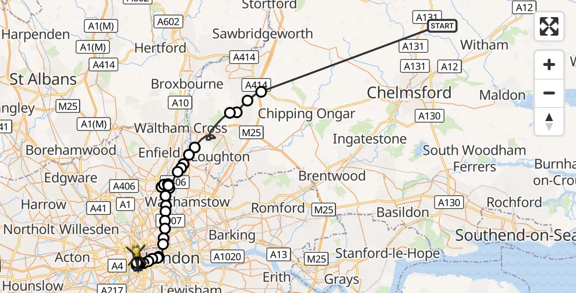 Flight route Police Helicopter Braintree - City of Westminster, 19 October 2026, 08:46