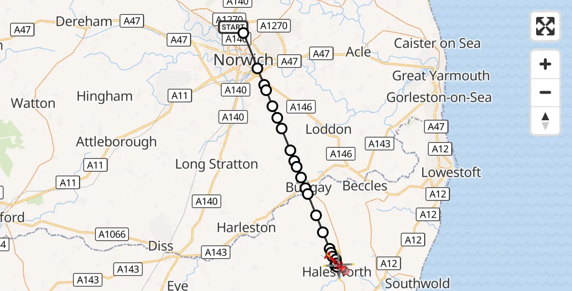 Flight route Air Ambulance Helicopter Norwich Airport - Halesworth, 19 October 2026, 08:45
