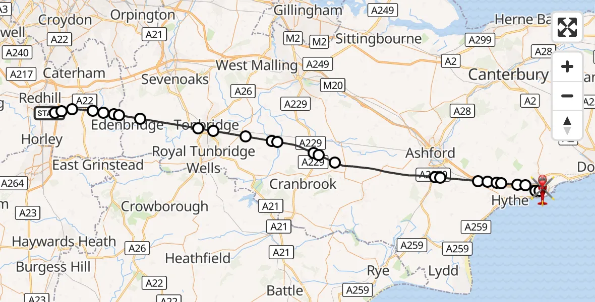 Flight route Air Ambulance Helicopter Redhill Aerodrome - Folkestone, 19 October 2026, 08:47