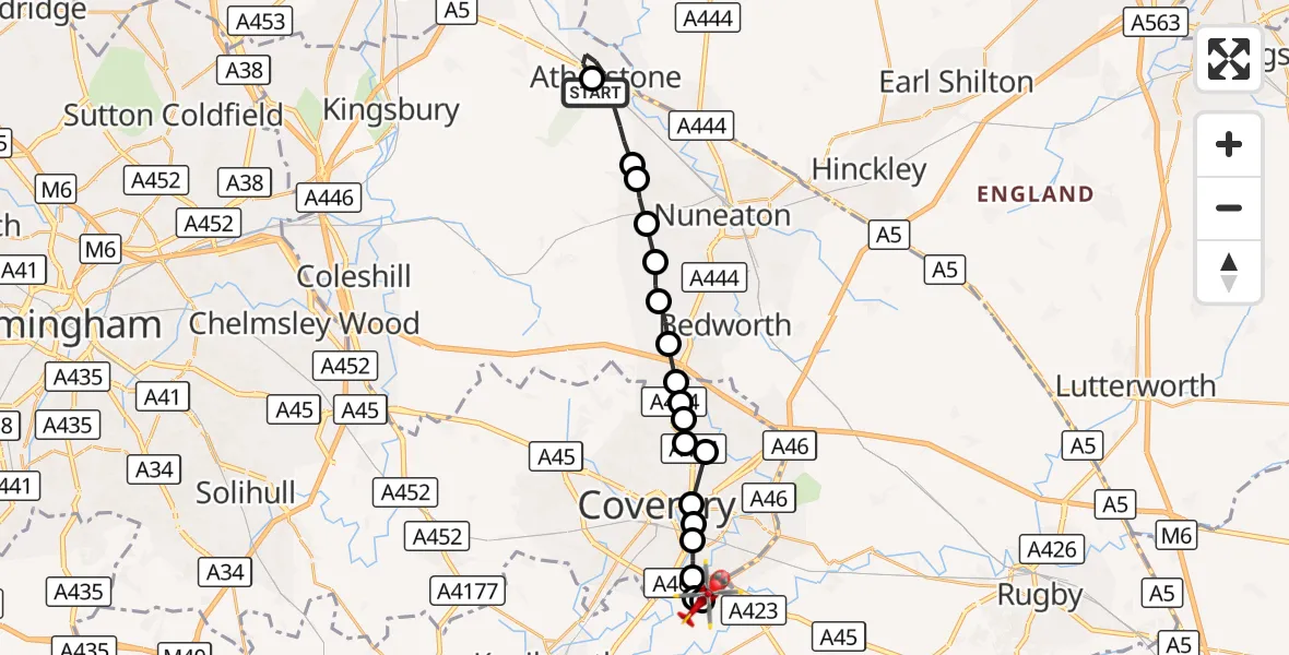 Flight route Air Ambulance Helicopter Atherstone - Coventry Airport, 19 October 2026, 08:48
