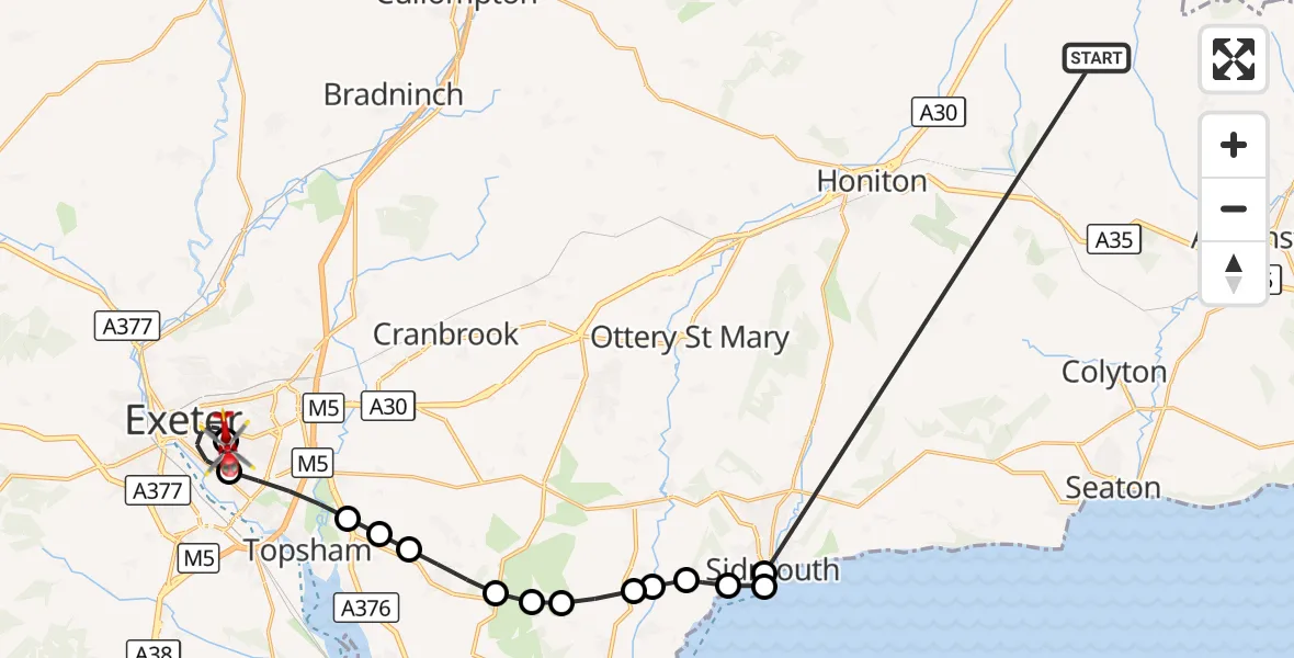 Flight route Air Ambulance Helicopter Stockland - Royal Devon & Exeter Hospital, 19 October 2026, 09:07