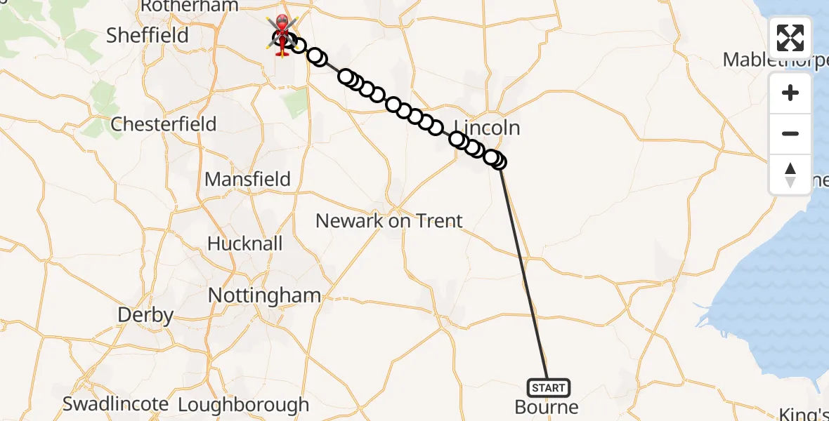 Flight route Air Ambulance Helicopter Morton - Langold, 19 October 2026, 09:09