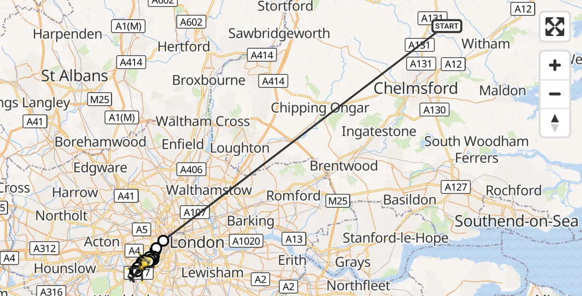 Flight route Police Helicopter Braintree - Battersea, 19 October 2026, 09:13