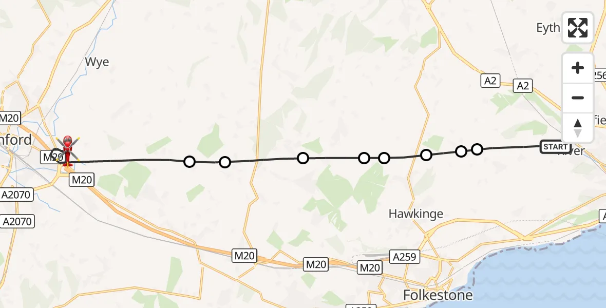Flight route Air Ambulance Helicopter Dover - Ashford, 19 October 2026, 09:18