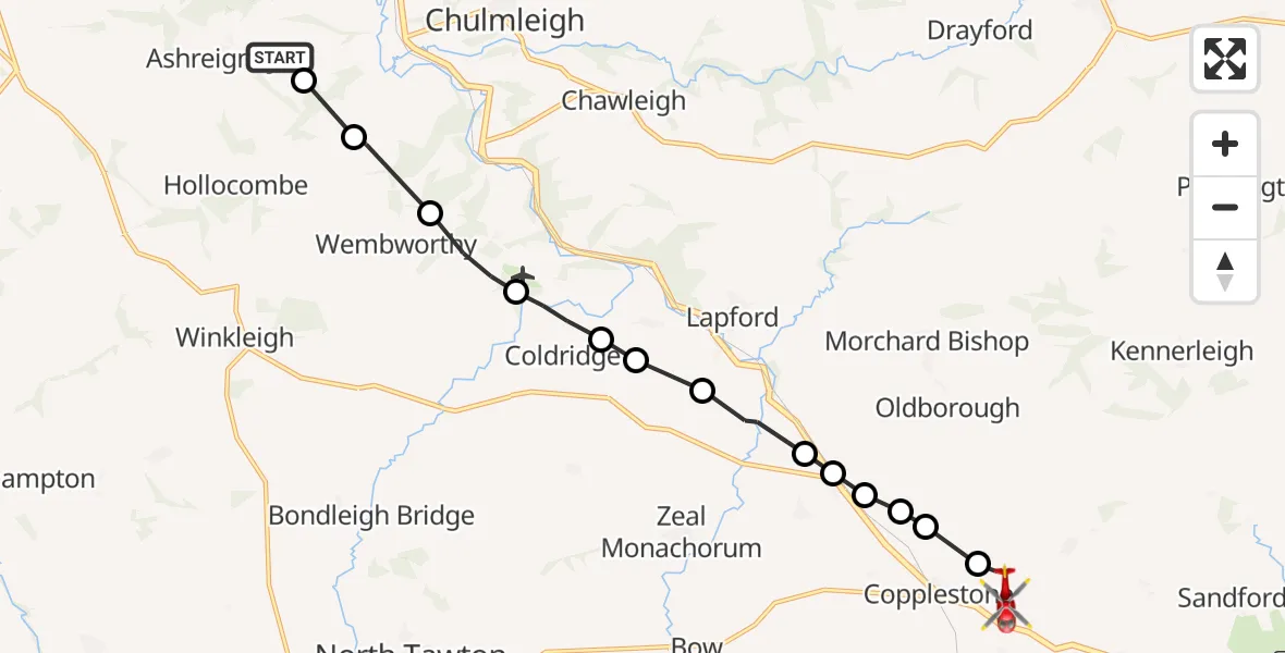 Flight route Air Ambulance Helicopter Ashreigney - Copplestone, 19 October 2026, 09:30