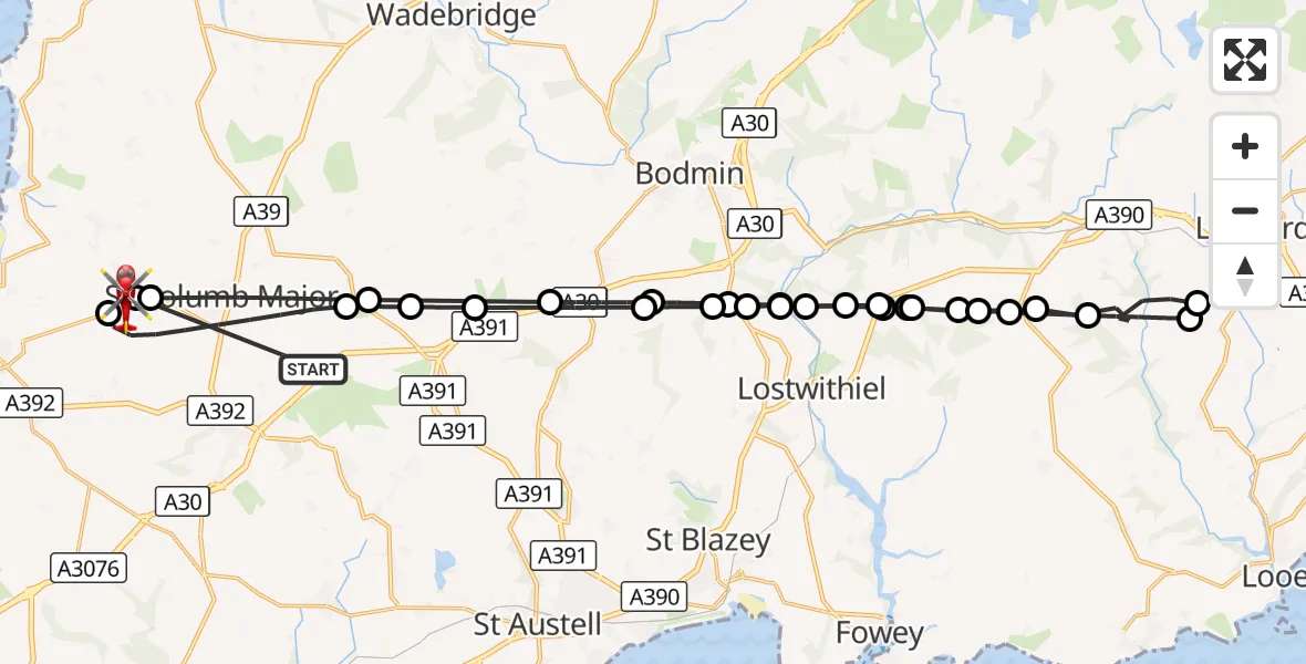 Flight route Air Ambulance Helicopter St. Columb Major - Cornwall Airport Newquay, 19 October 2026, 09:40