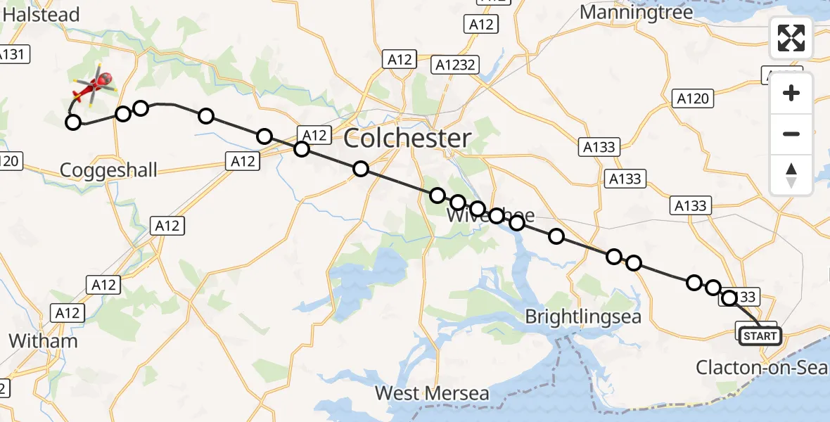 Flight route Air Ambulance Helicopter Clacton-on-Sea - Braintree, 19 October 2026, 09:46