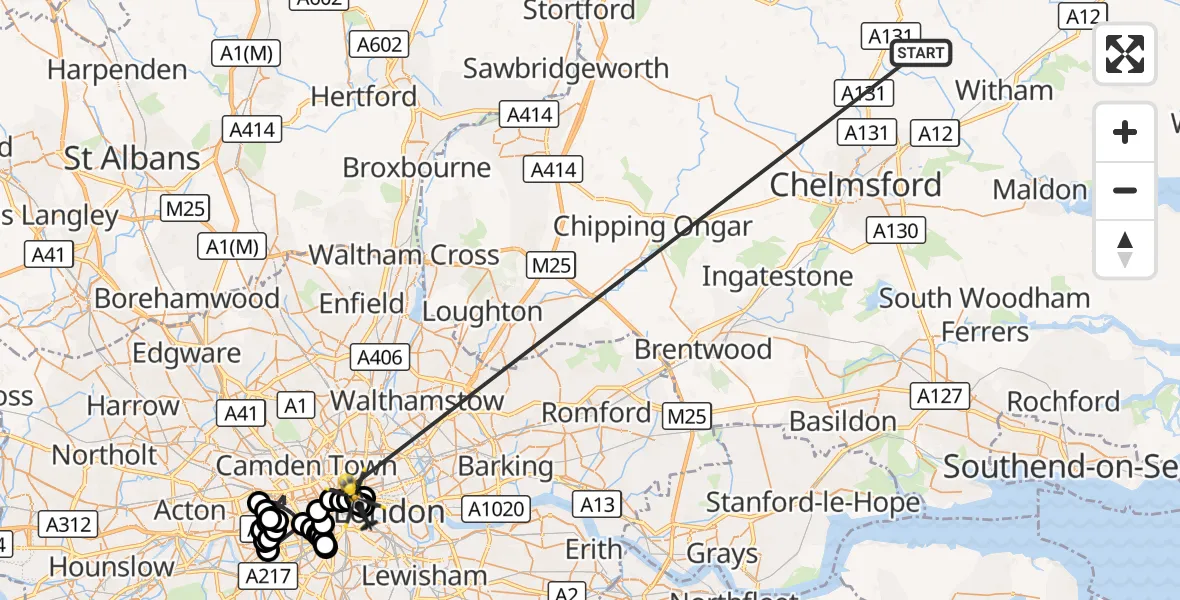Flight route Police Helicopter Braintree - Whitechapel, 19 October 2026, 09:47
