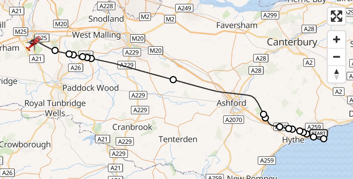 Flight route Air Ambulance Helicopter Folkestone - Sevenoaks, 19 October 2026, 09:48