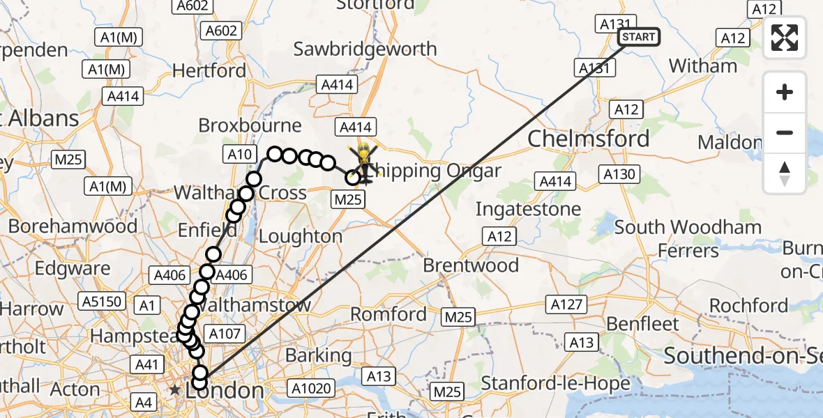 Flight route Police Helicopter Braintree - Coopersale, 19 October 2026, 10:14